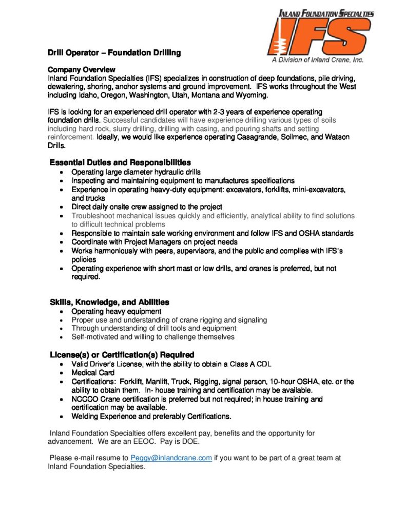 Drill Operator 2020 Inland Foundation Specialties